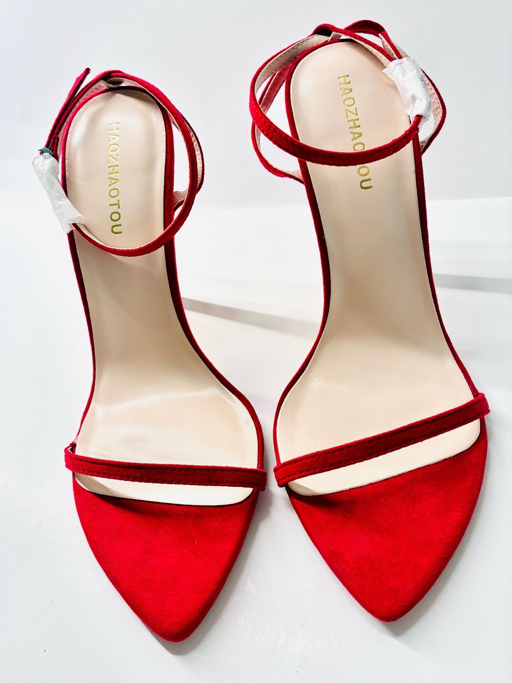 Red Suede Pointed Toe Ankle Strap Heels
